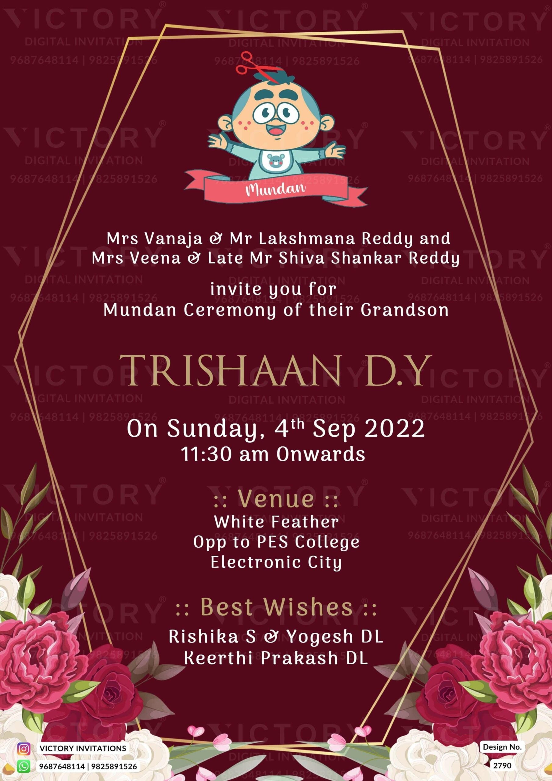 Mundan Ceremony invitation card in english language with flowers, Adorable Boy Doodle, golden frame as floral theme design 2790