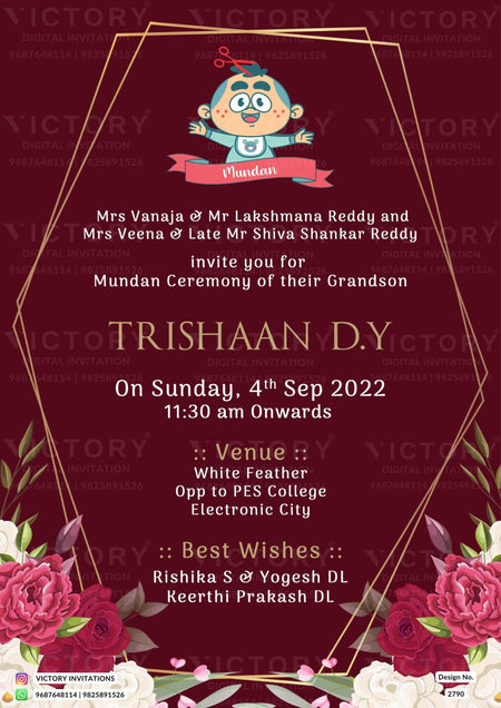 Mundan Ceremony invitation card in english language with flowers, Adorable Boy Doodle, golden frame as floral theme design 2790