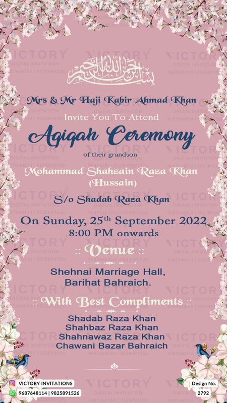 Aqiqah ceremony invitation card for Muslim family in english language with flowers as floral theme design 2792