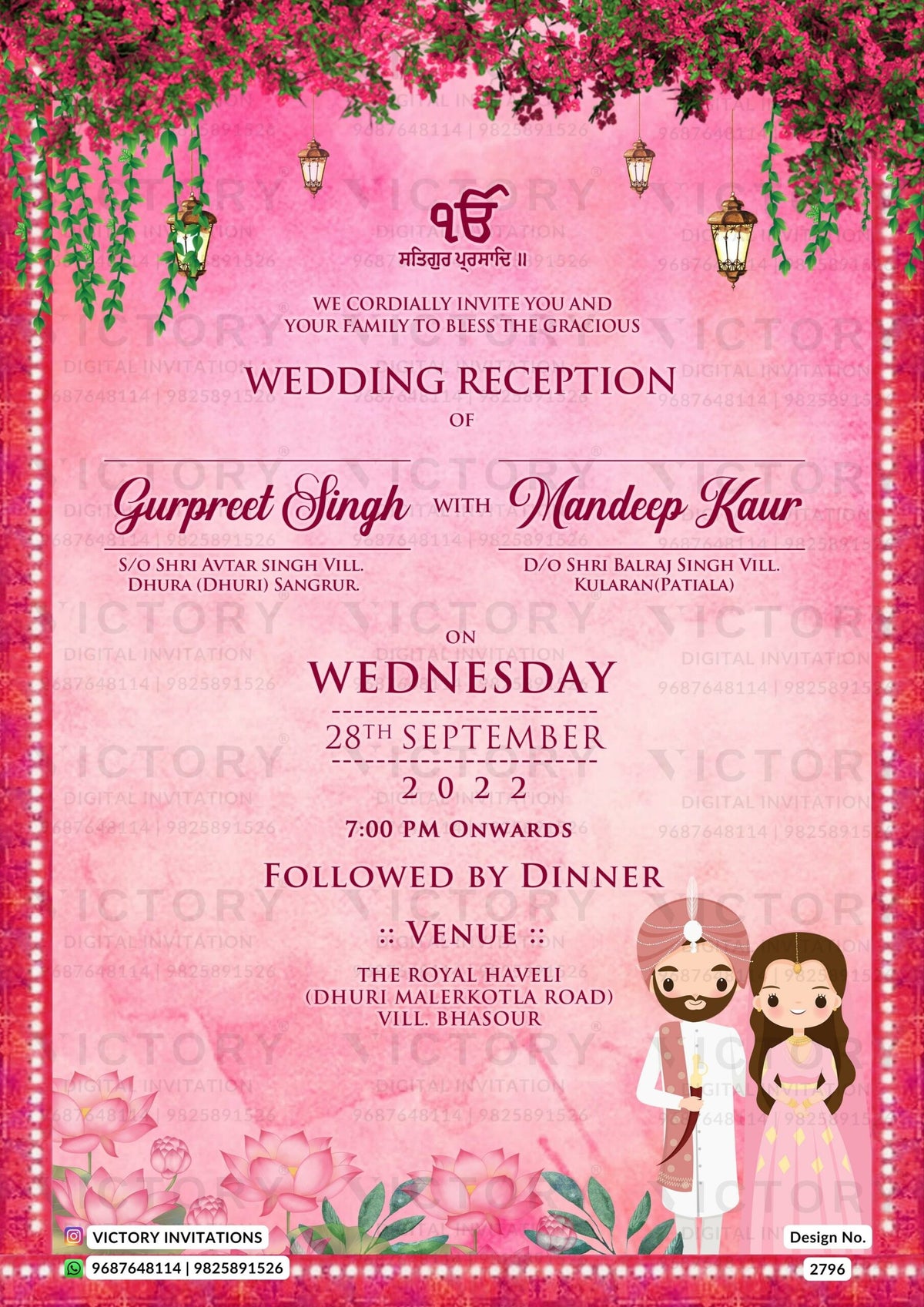 Wedding ceremony invitation card of hindu punjabi sikh family in English language with traditional theme design 2796