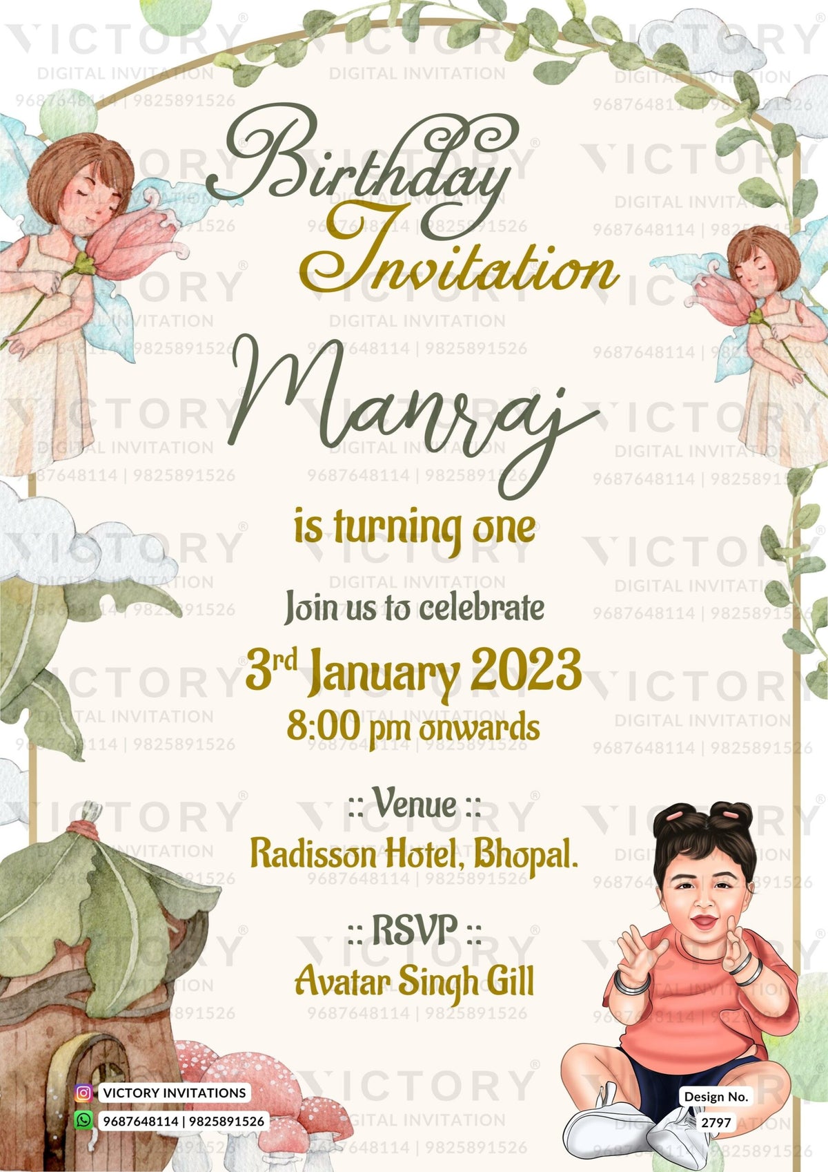 adorable baby caricature invitation card for Girl Birthday party in English language with fairytale theme design 2797