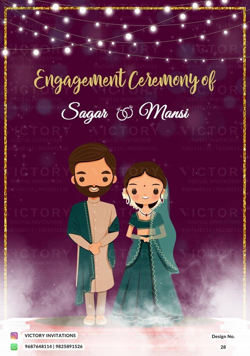Engagement ceremony invitation card in english language with string lights, couple doodle as glittery theme design 28