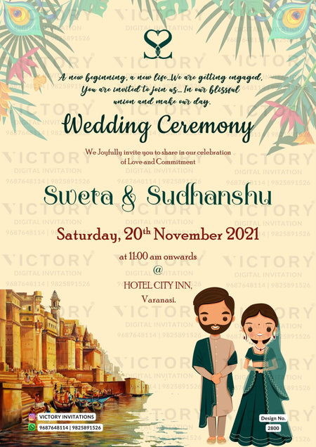 Wedding ceremony invitation card of hindu punjabi sikh family in English language with artistic leaves theme design 2800