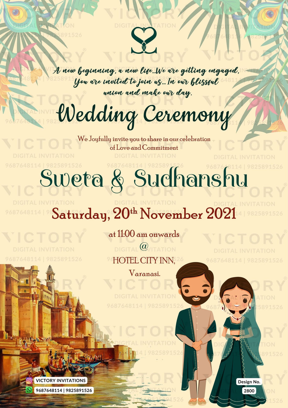 Wedding ceremony invitation card of hindu punjabi sikh family in English language with artistic leaves theme design 2800
