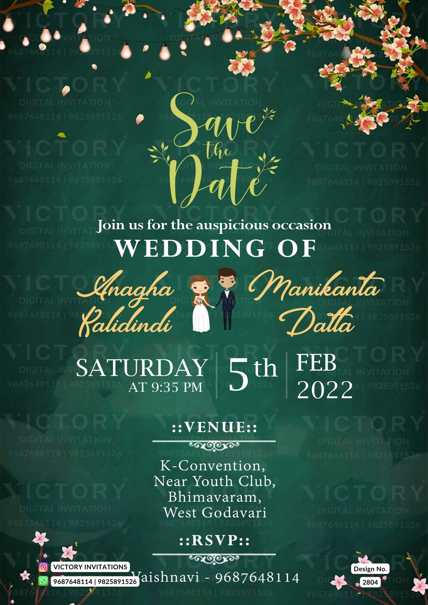 Wedding ceremony invitation card of hindu south indian telugu family in english language with minimalistic theme design 2804