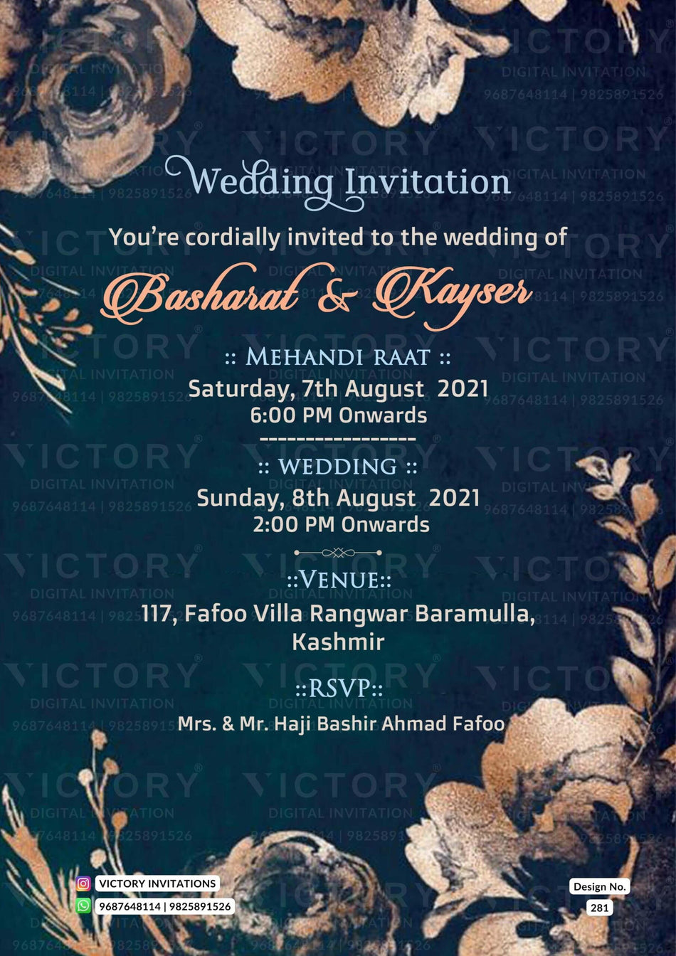 Wedding ceremony invitation card of hindu kashmiri family in english language with Artistic flowers theme design 281