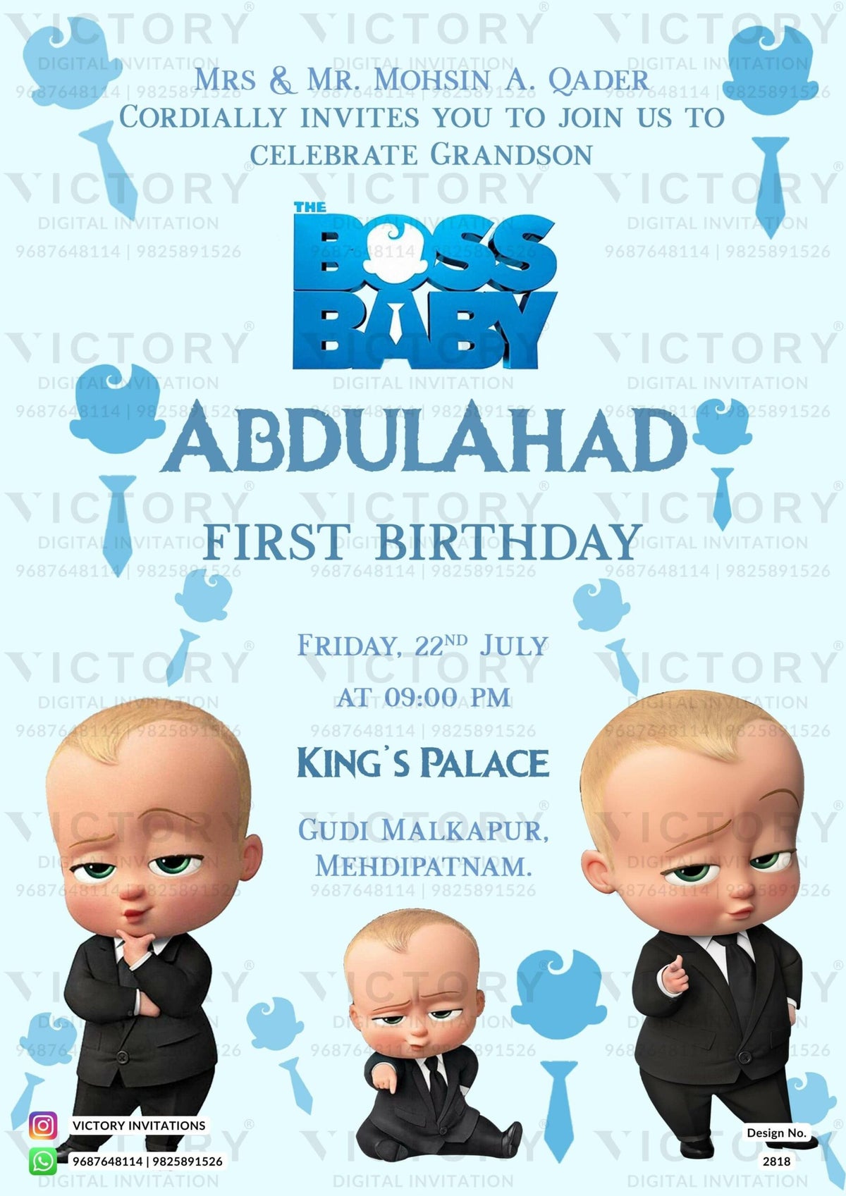 Birthday party invitation card for boy in English language with boss baby theme design 2818