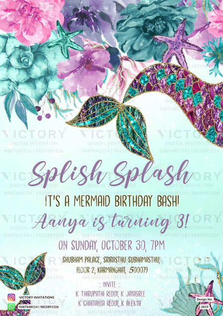 Birthday party invitation card for girl in English language with flowers as mermaid theme design 2819