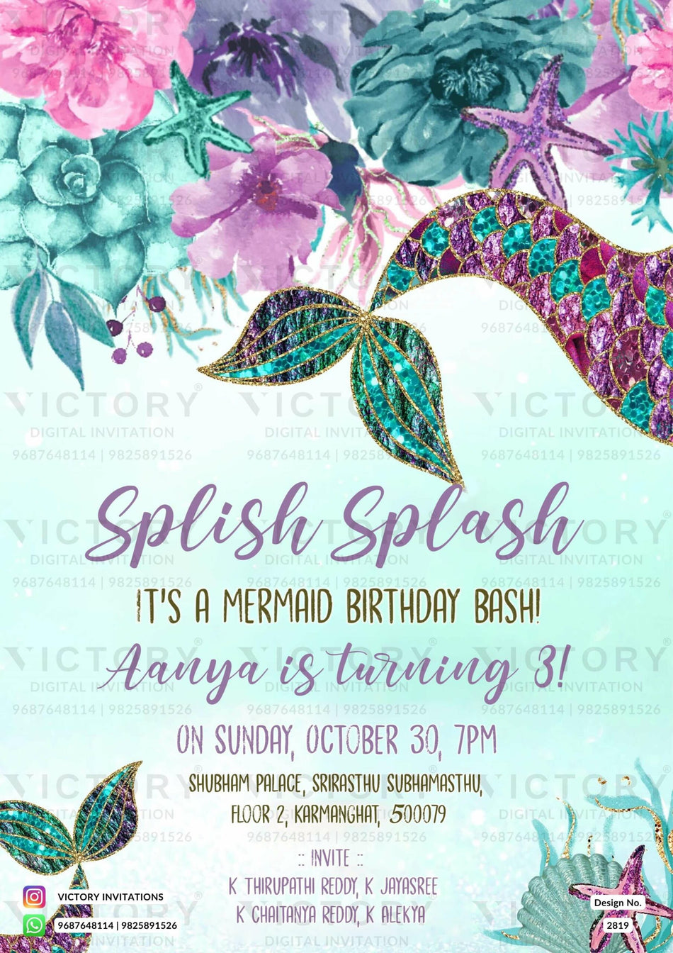 Birthday party invitation card for girl in English language with flowers as mermaid theme design 2819