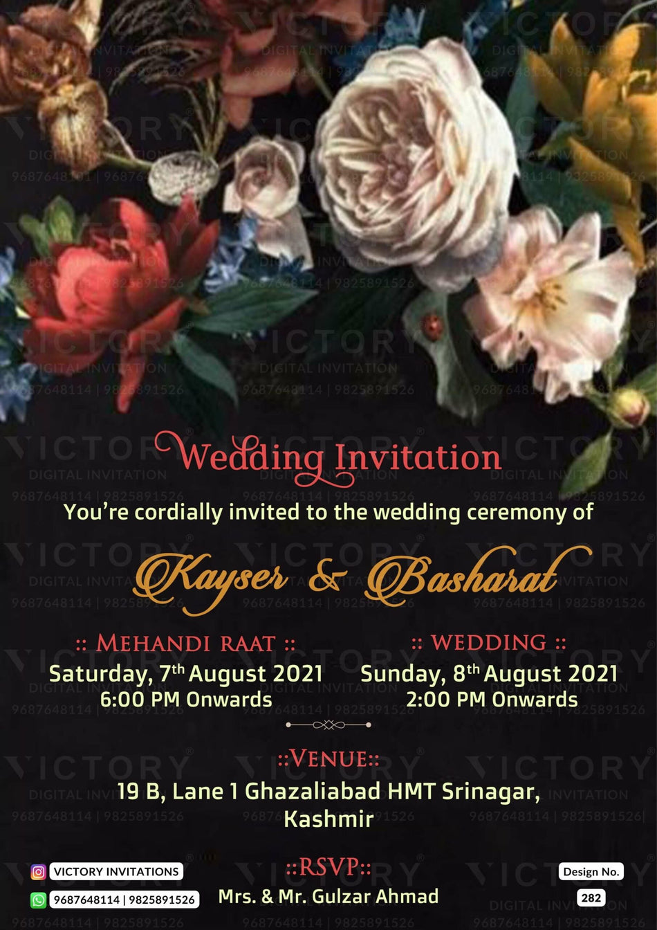 Wedding ceremony invitation card of hindu kashmiri family in english language with Artistic flowers theme design 282