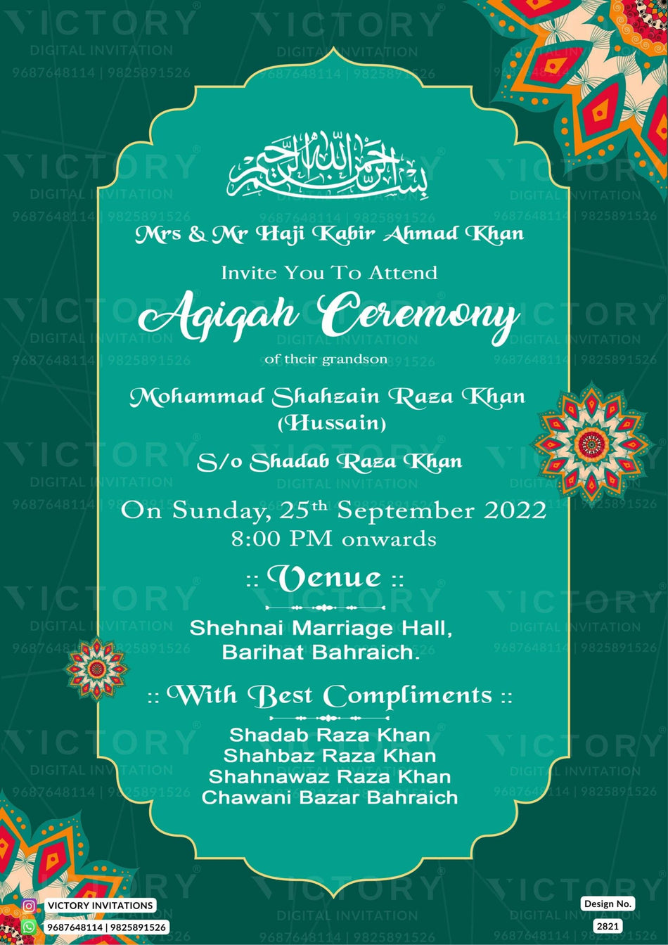 Aqiqah ceremony invitation card for Muslim family in english language with mandala, arabic calligraphy as vintage theme design 2821