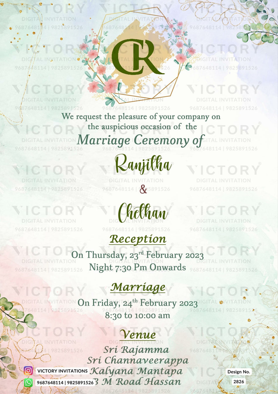 Wedding ceremony invitation card of hindu south indian kannada family in english language with asthetic leaves theme design 2826