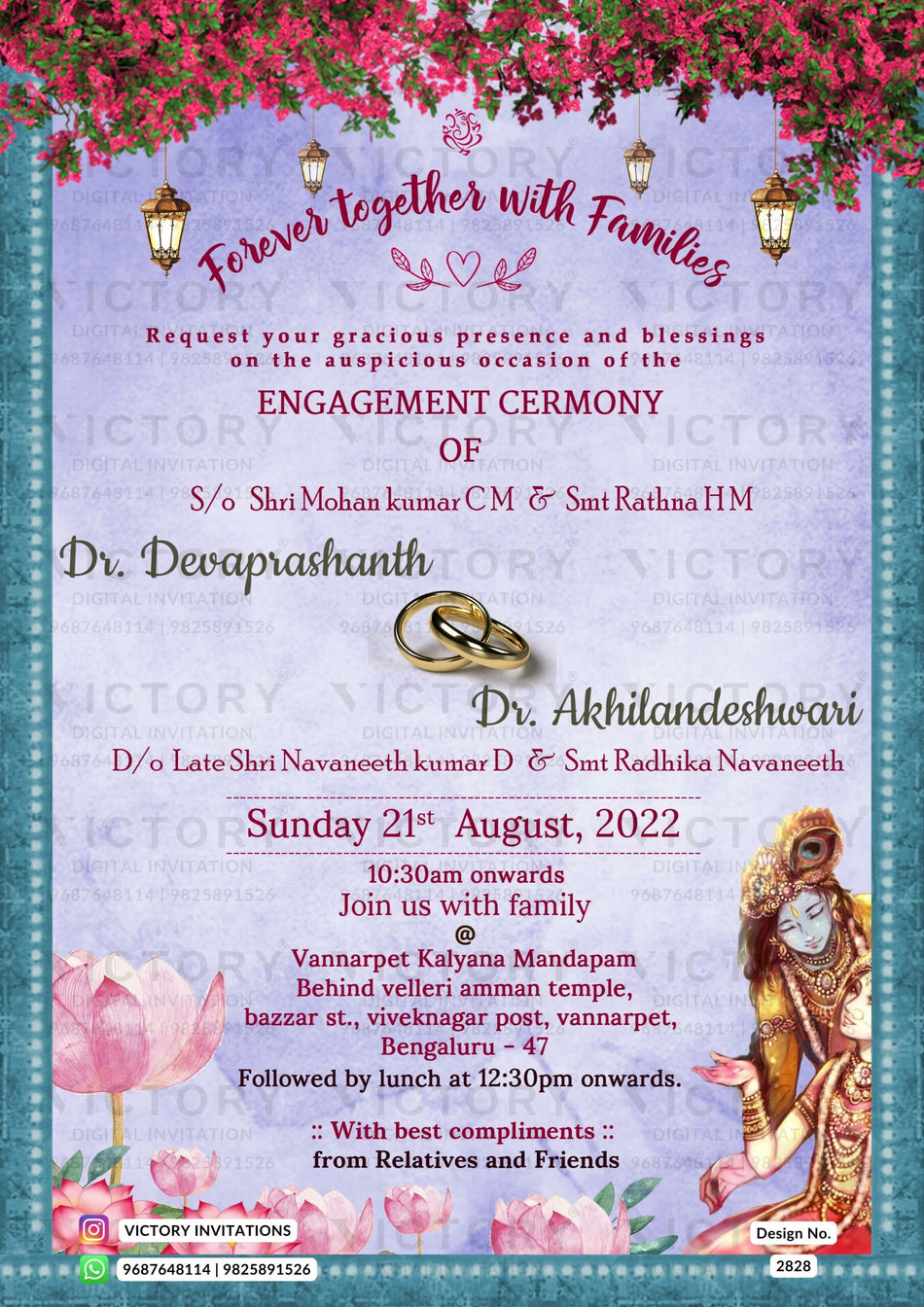 Engagement ceremony invitation card in english language with flowers, lantern, god image, ring as traditional theme design 2828