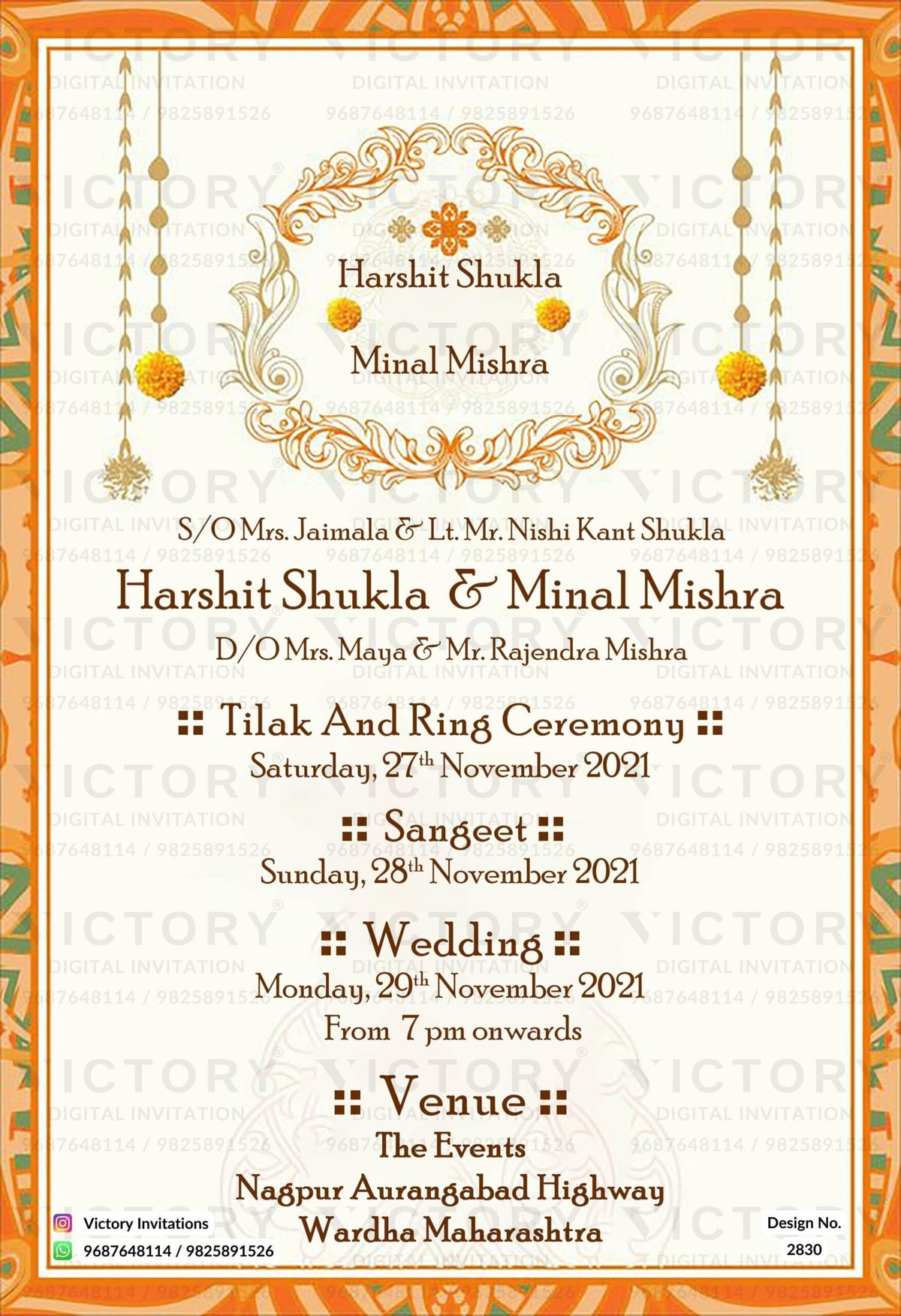 Wedding ceremony invitation card of hindu maharashtrian marathi family in english language with traditional theme design 2830