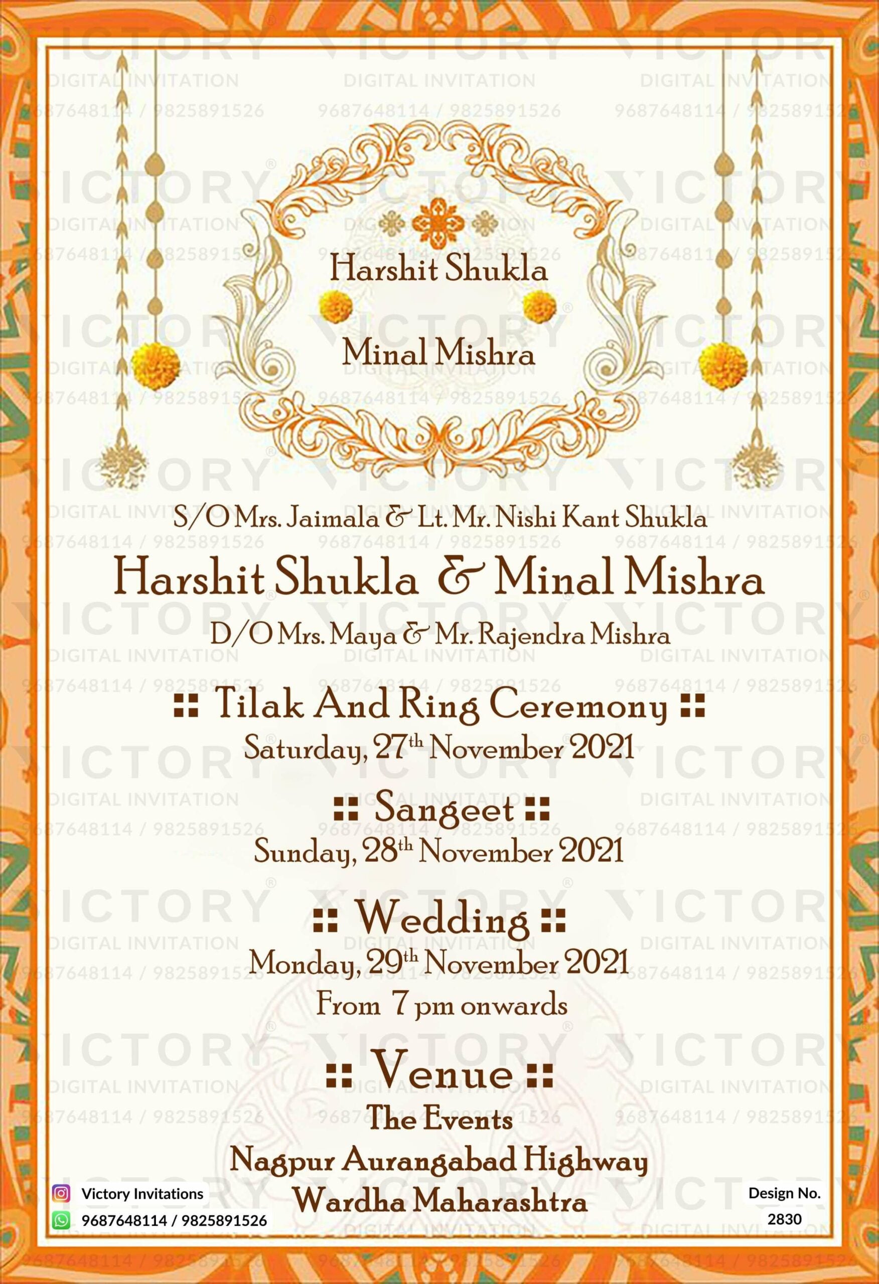 Wedding ceremony invitation card of hindu maharashtrian marathi family in english language with traditional theme design 2830