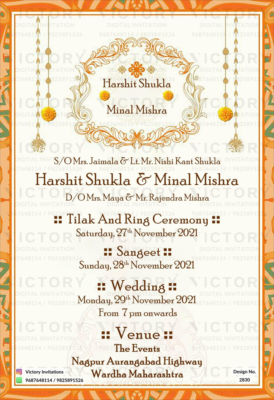 Wedding ceremony invitation card of hindu maharashtrian marathi family in english language with traditional theme design 2830