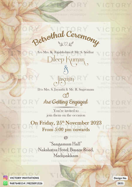 Betrothal ceremony invitation card for Catholic family in english language with flowers as vintage theme design 2831