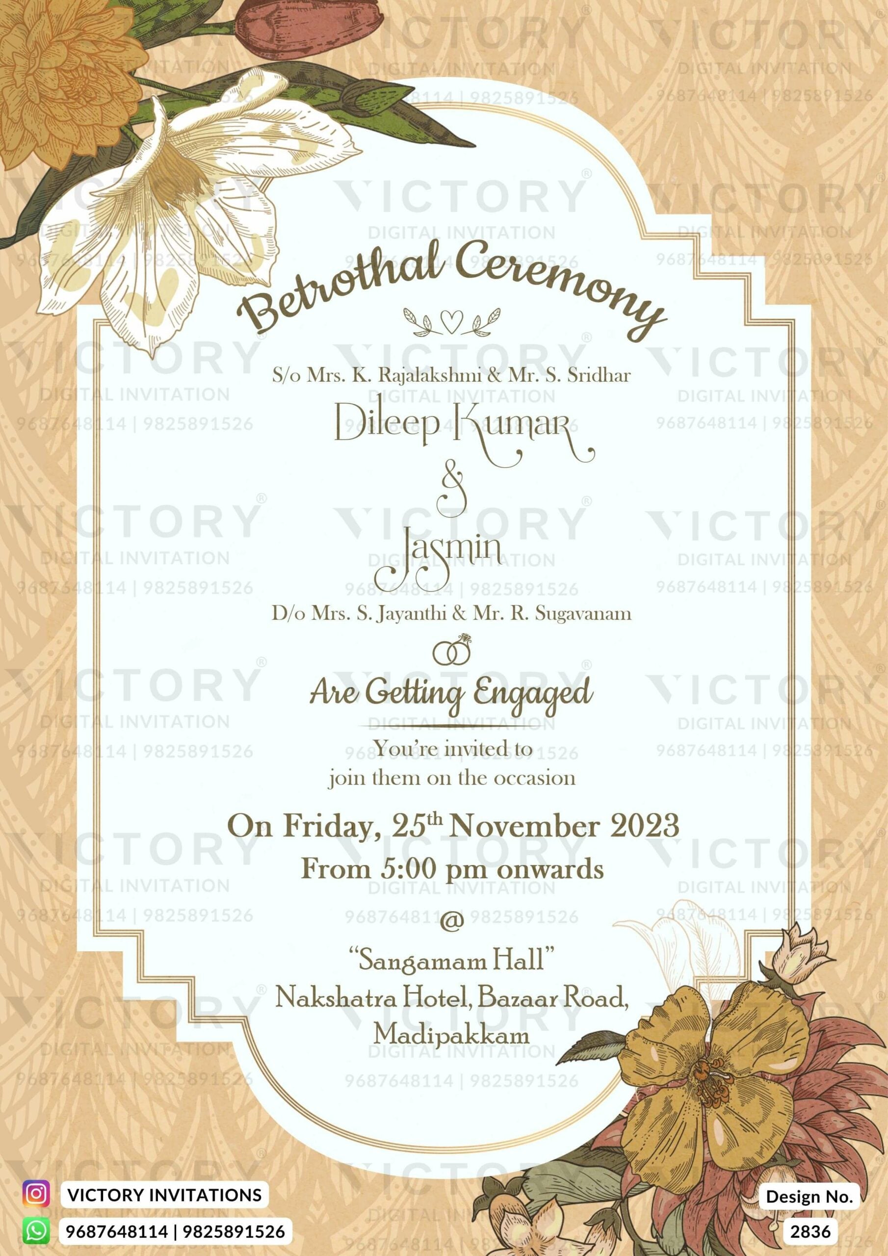 Betrothal ceremony invitation card for Catholic family in english language with flowers, leaves as vintage theme design 2836