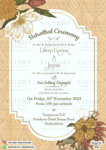Betrothal ceremony invitation card for Catholic family in english language with flowers, leaves as vintage theme design 2836