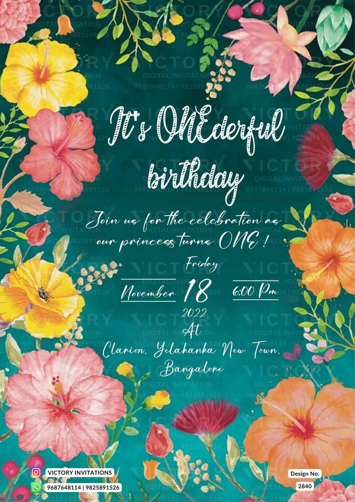Birthday party invitation card in English language with flowers as floral theme design 2840