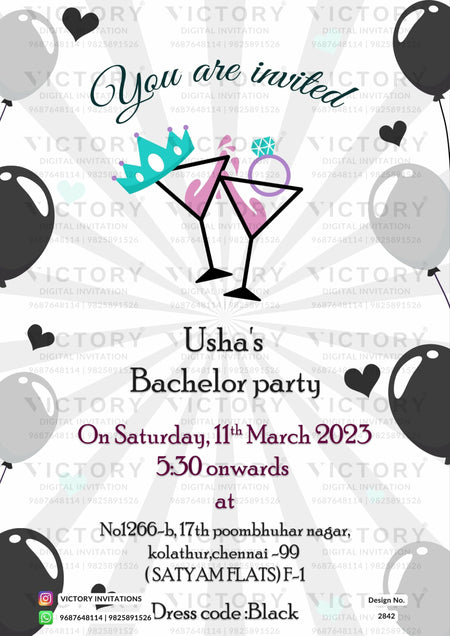 Bachelor Party invitation card in english language with balloons theme design 2842