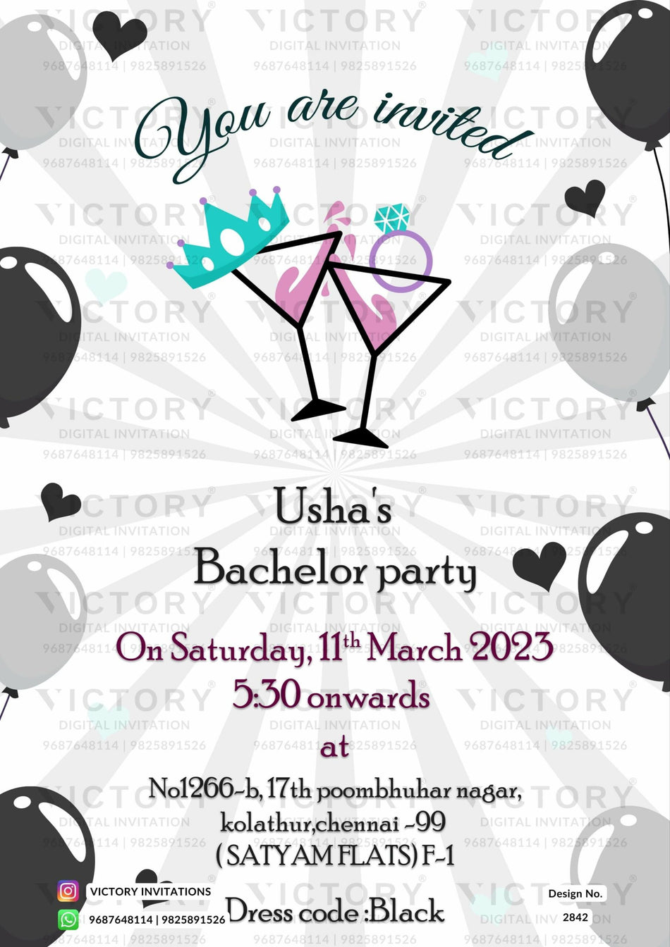 Bachelor Party invitation card in english language with balloons theme design 2842