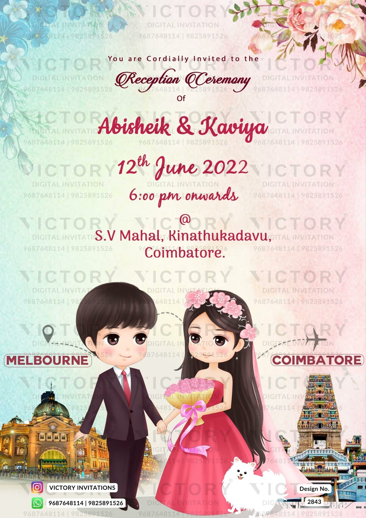 Reception Party invitation card in english language with couple doodle as two countries theme design 2843