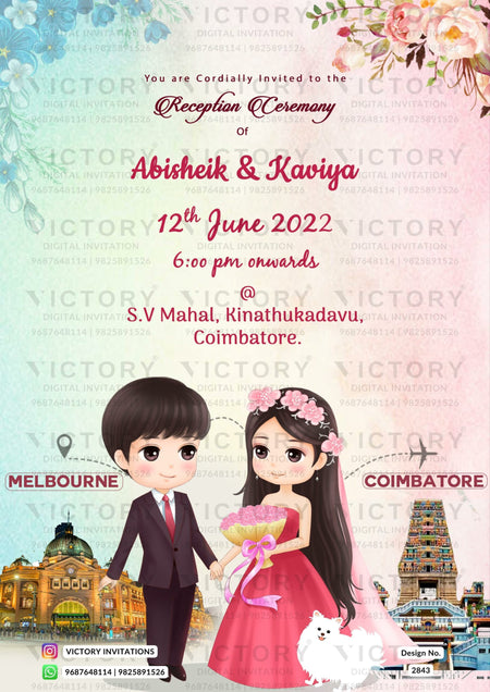 Reception Party invitation card in english language with couple doodle as two countries theme design 2843