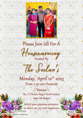 House Warming ceremony invitation card in english language with frame, flowers as photo theme design 2850