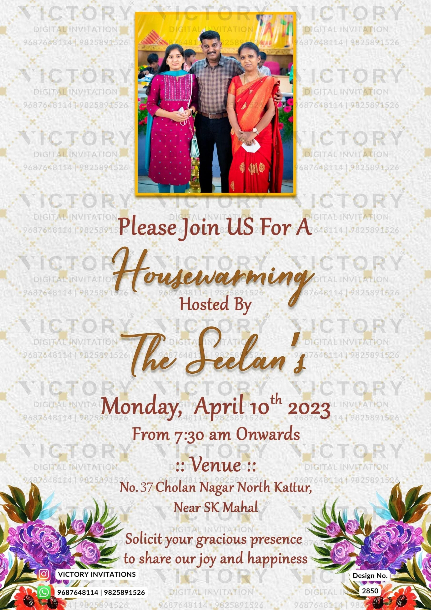 House Warming ceremony invitation card in english language with frame, flowers as photo theme design 2850