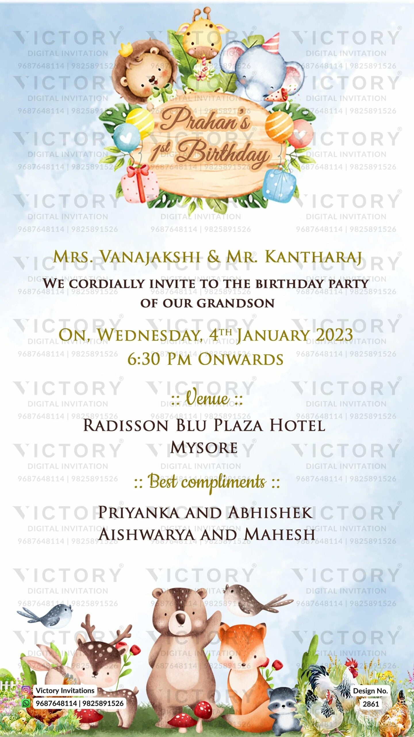 Birthday party invitation card in English language with animal theme design 2861