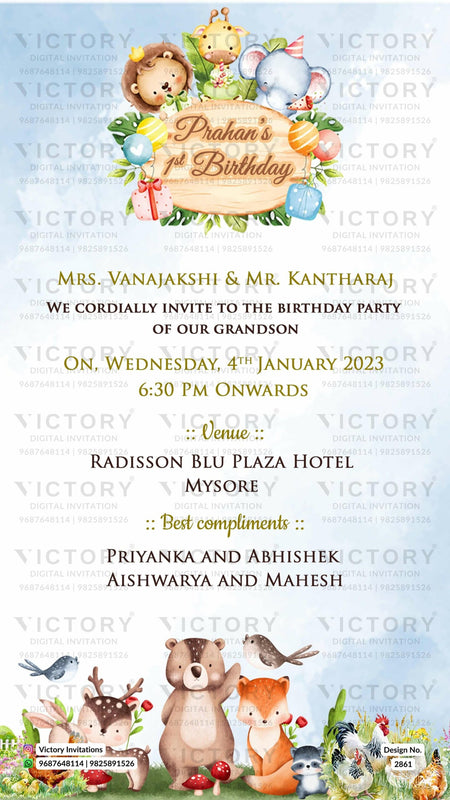 Birthday party invitation card in English language with animal theme design 2861