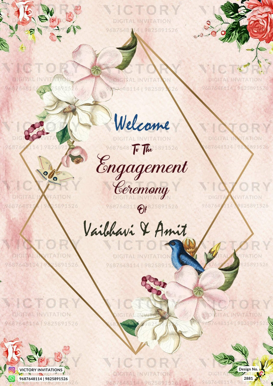 Engagement ceremony invitation card in english language with birds, golden frame as floral theme design 2881