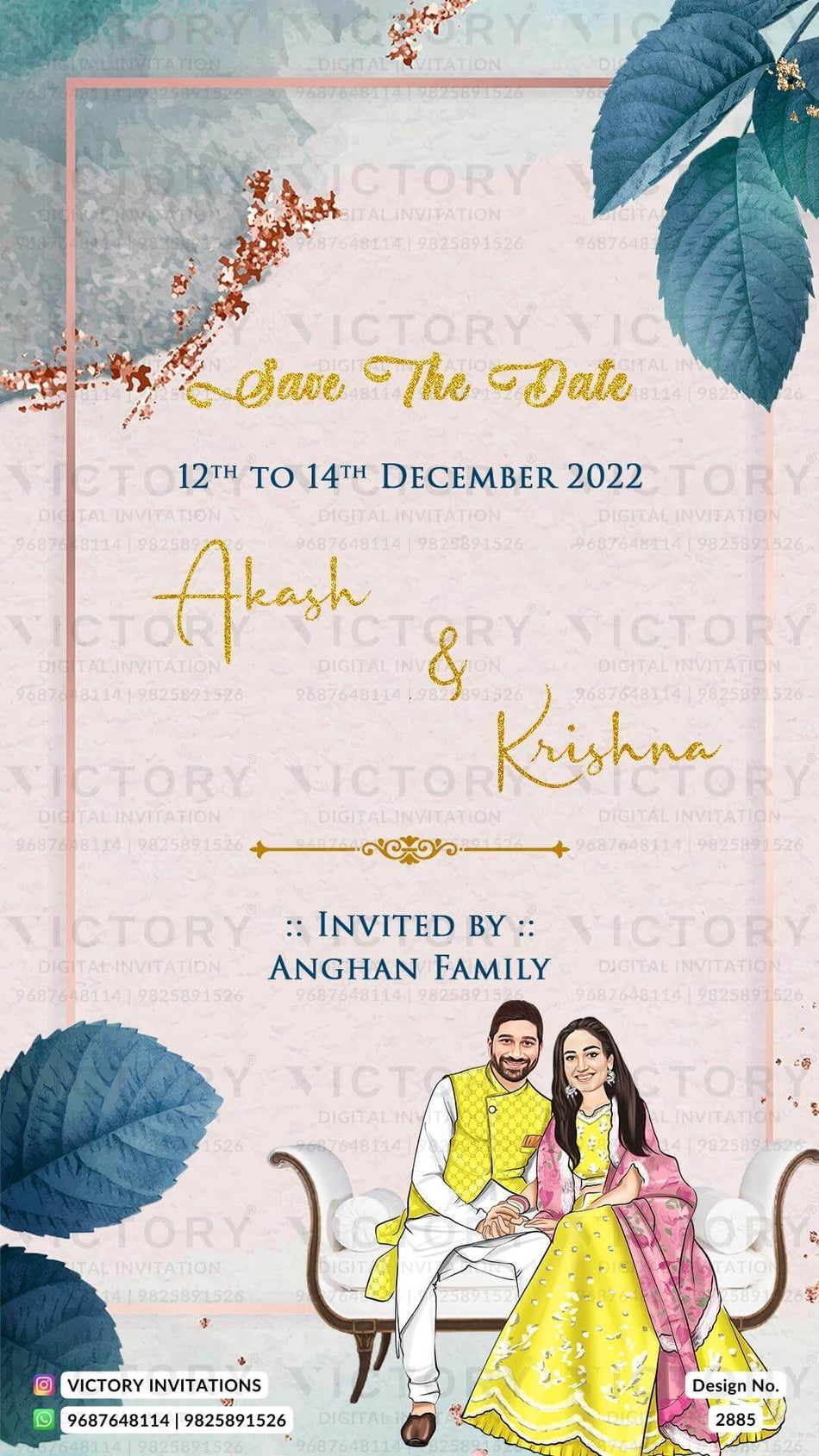 Traditional couple caricature invitation card for Save the Date in English language with leaves, glitter as two minimalistic theme design 2885
