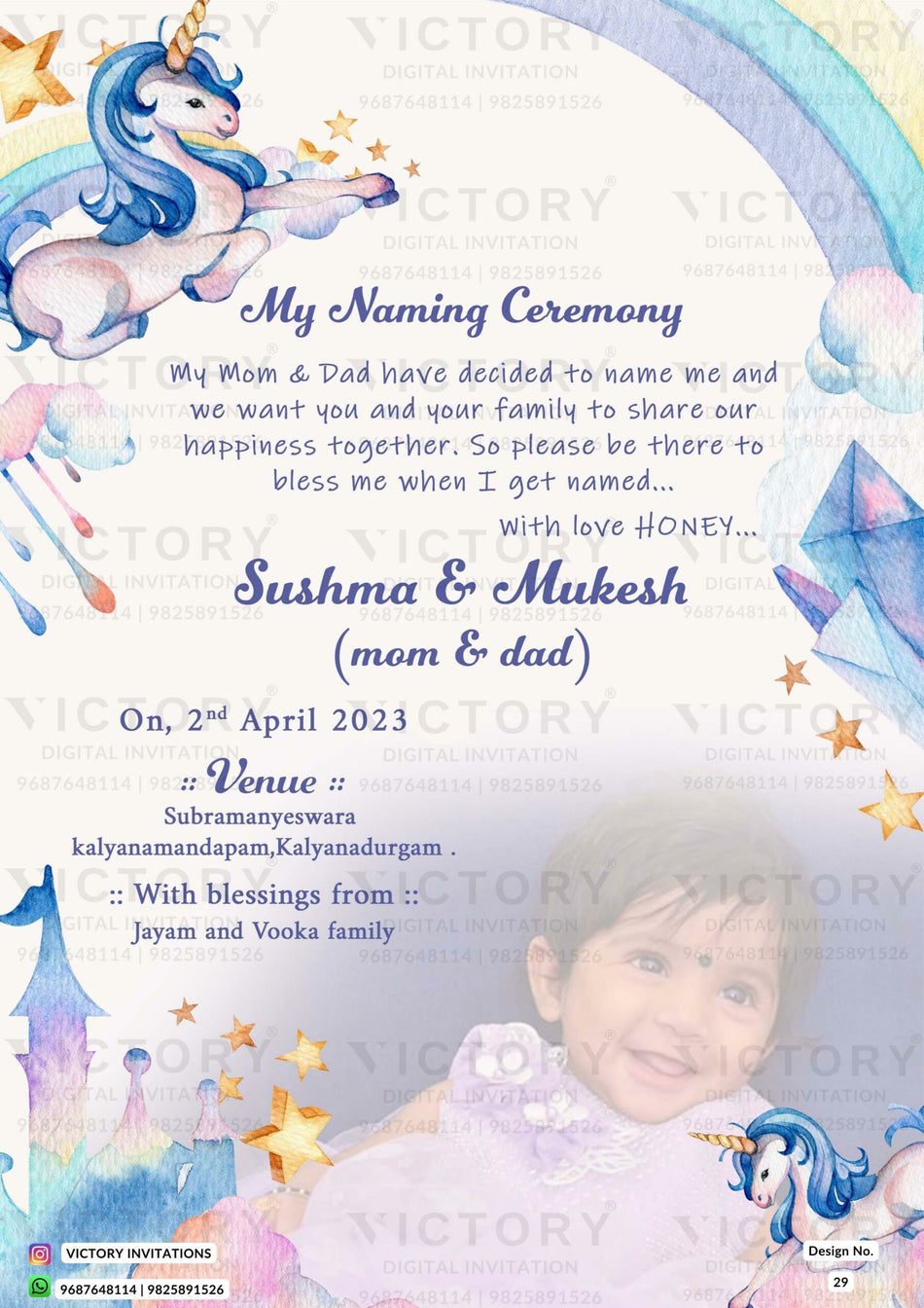 Baby Naming ceremony invitation card in english language with cloud, star, baby toy, baby photo as playful theme design 29