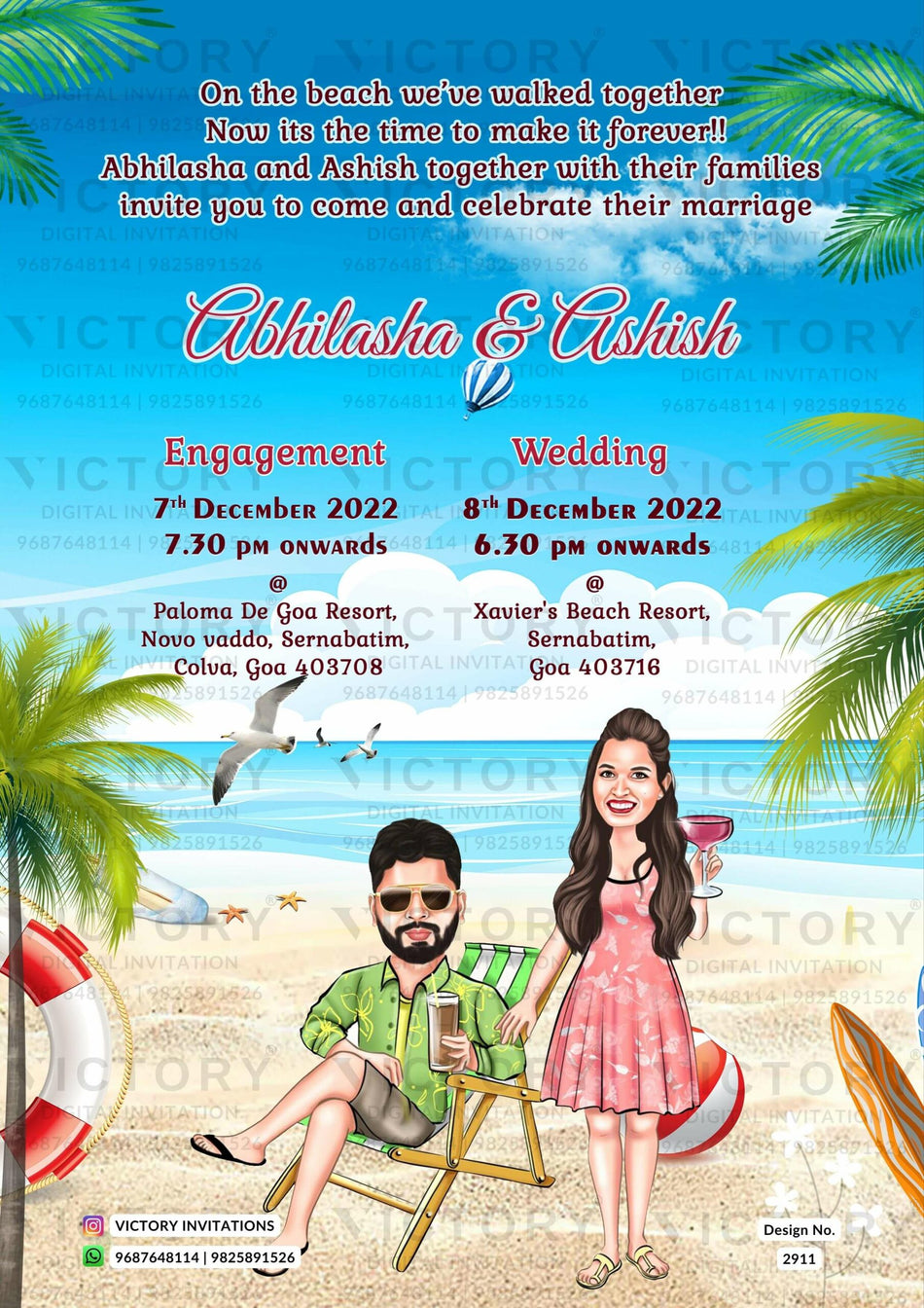 Sitting couple caricature invitation card for wedding ceremony of gujarati leuva family in english language with beach theme design 2911