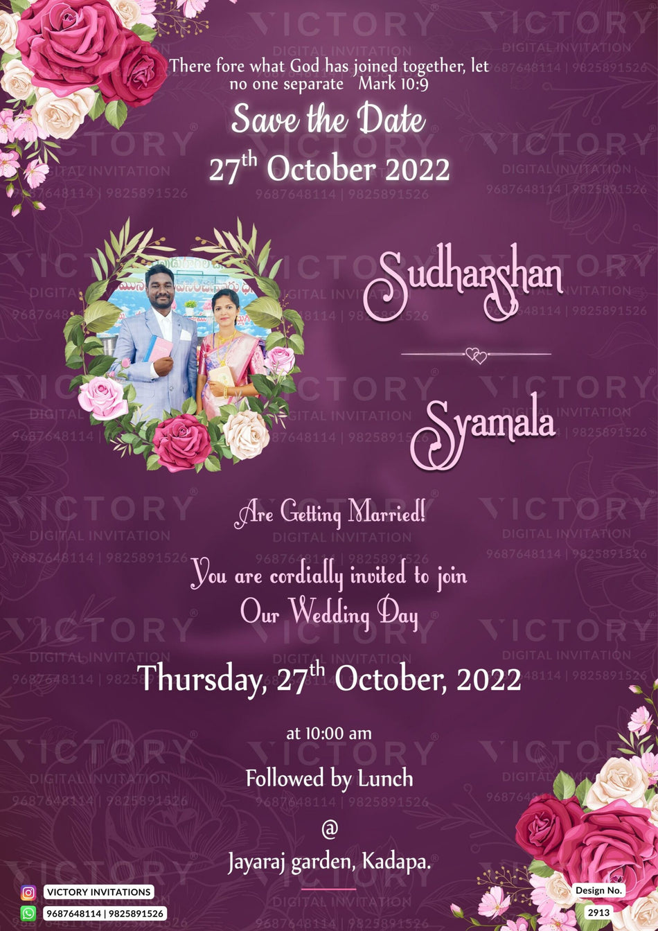 Wedding ceremony invitation card of hindu south indian telugu family in english language with couple photo floral theme design 2913
