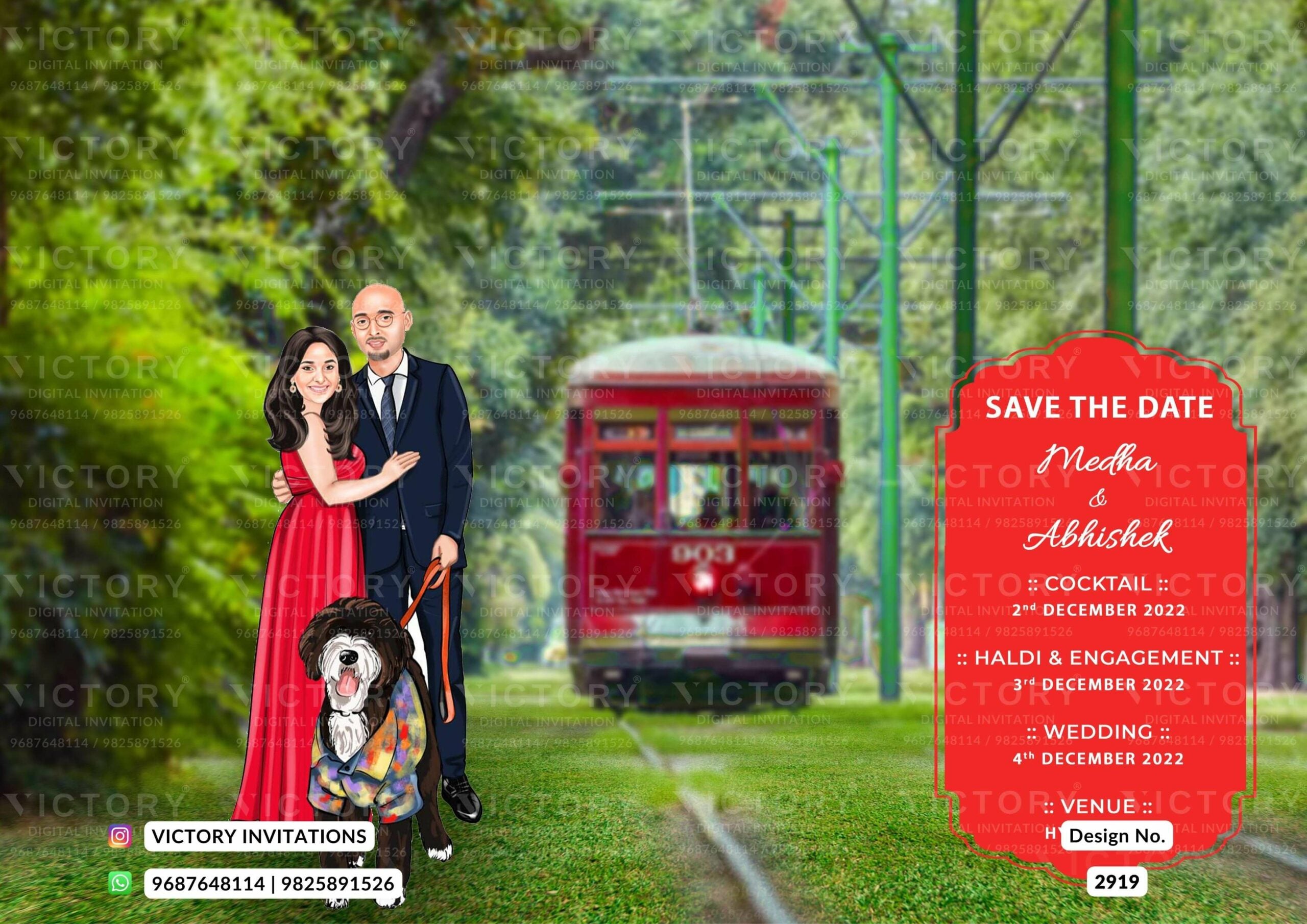 Adorable couple caricature invitation card for the wedding ceremony of Hindu south indian telugu family in english language with nature theme design 2919