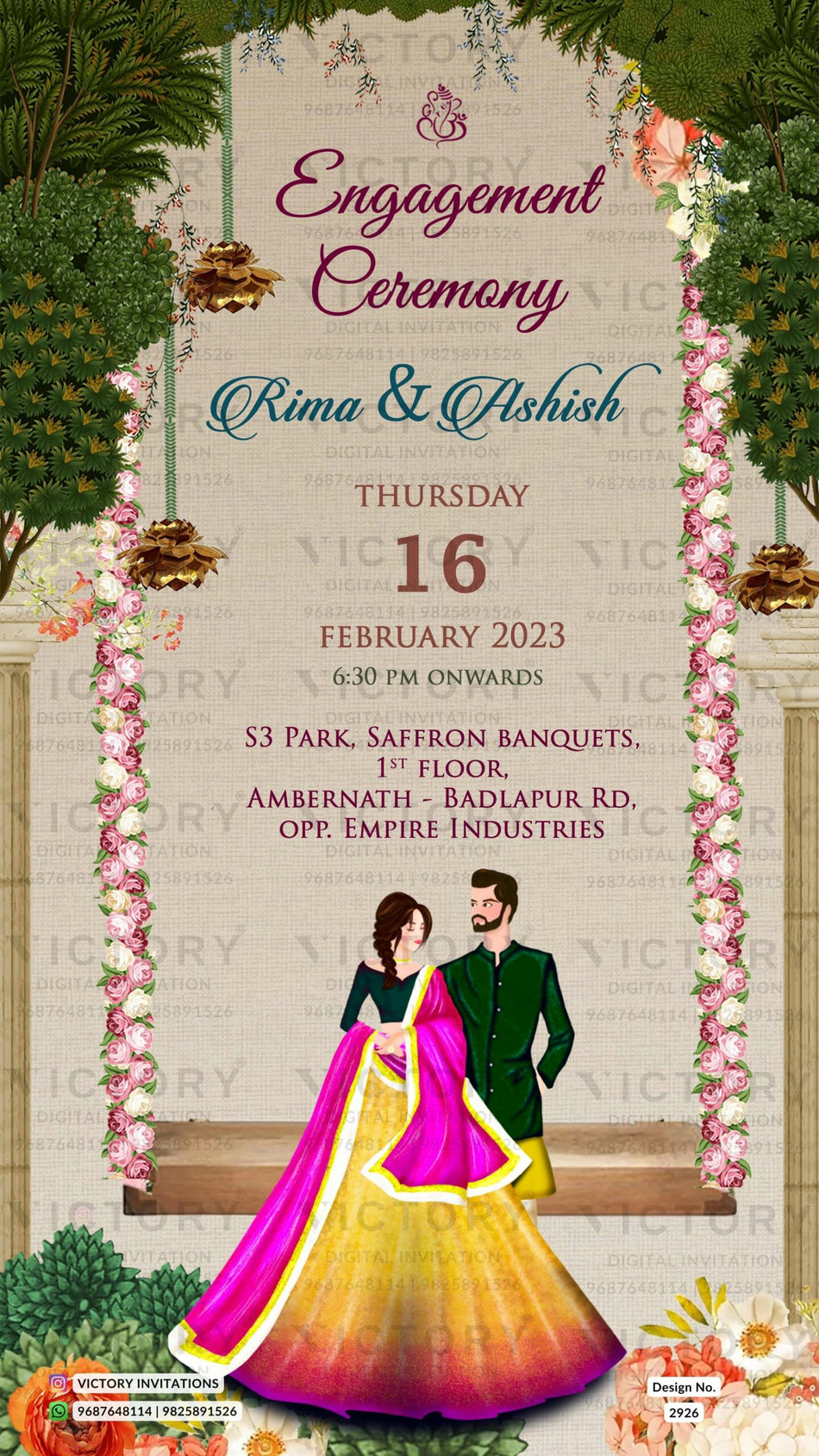 Engagement ceremony invitation video in english language with swing, couple doodle, tree, pillar as traditional theme design 2926