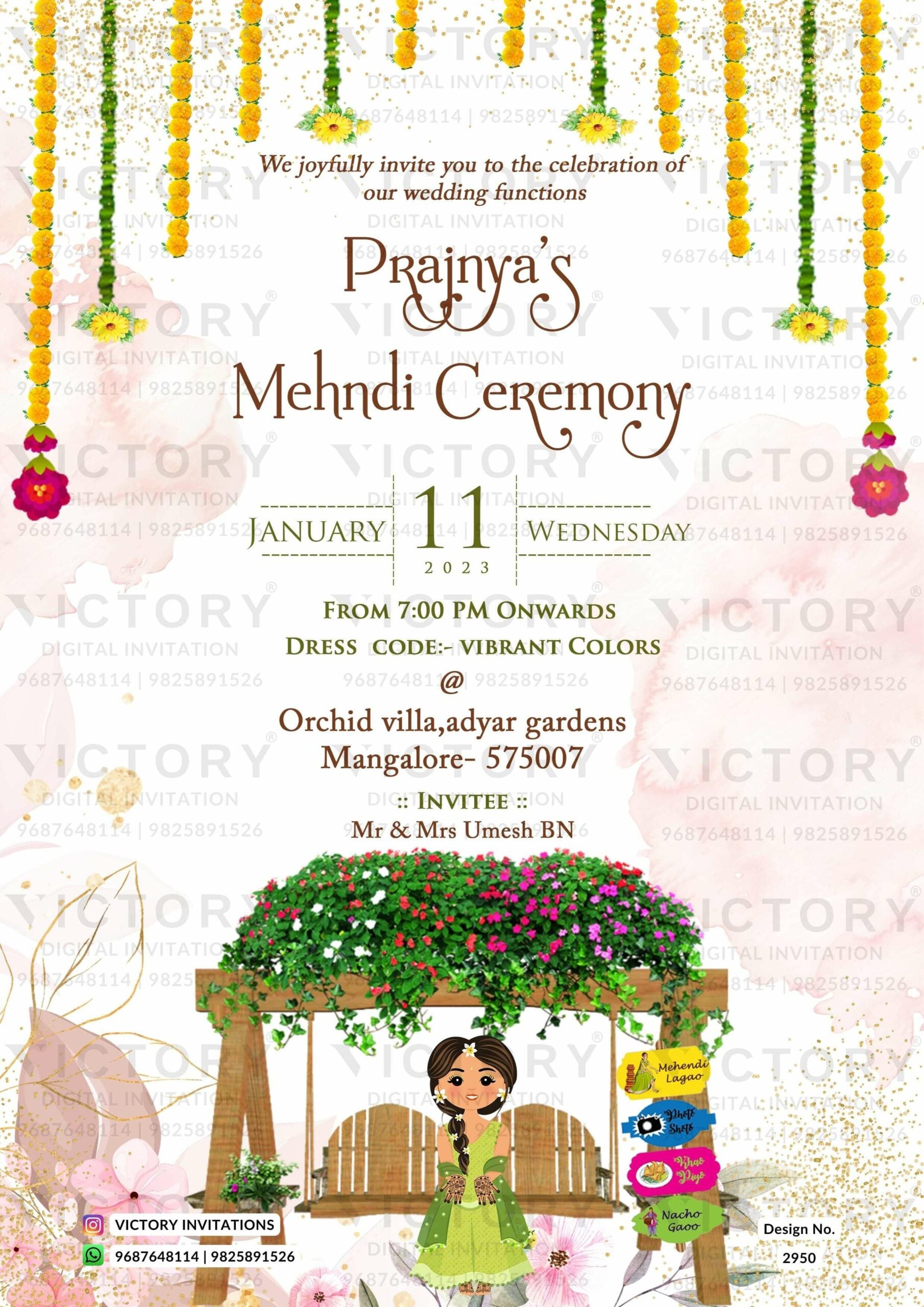 Mehendi ceremony invitation card in english language with mahendi dood ...