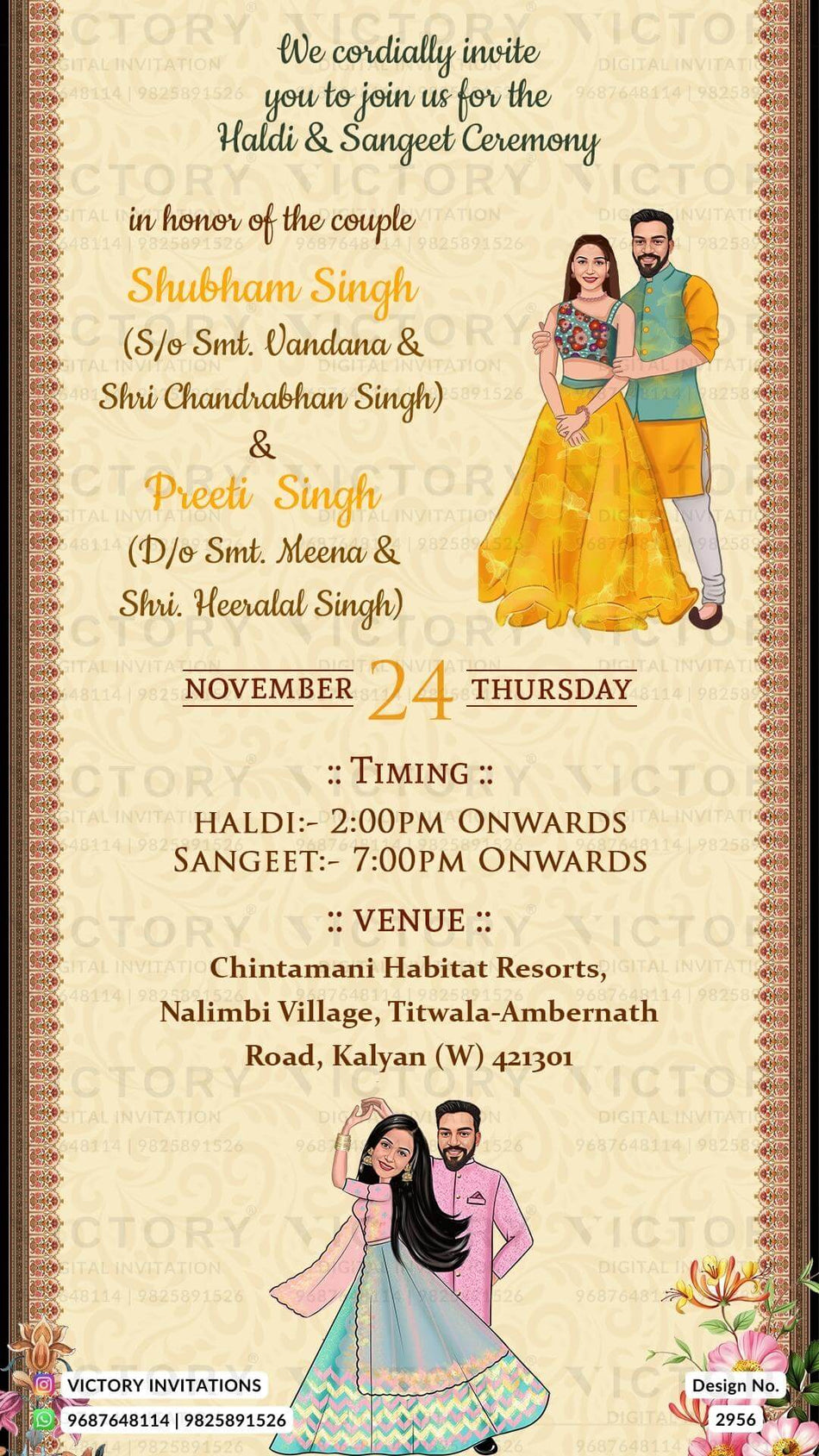 Romentic couple caricature invitation card for Haldi ceremony in English language with flowers as minimalistic theme design 2956