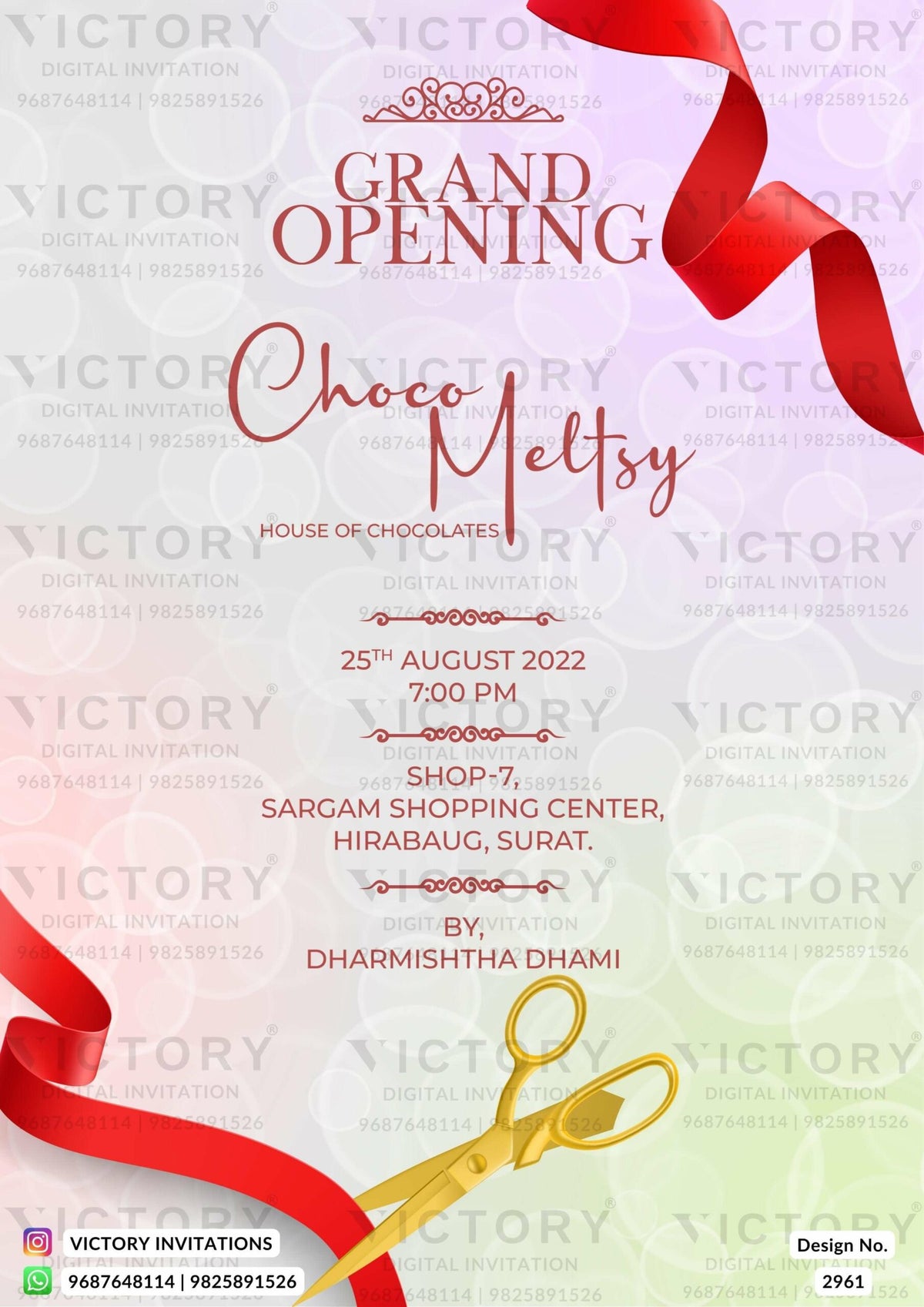 Opening invitation card in english language with ribin, scissor as minimalistic theme design 2961