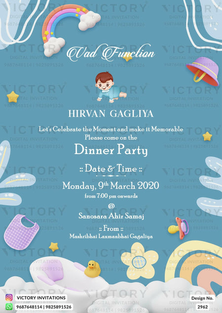 Vad Ceremony invitation card in english language with baby doodle, rainbow as playful theme design 2962
