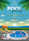 Pool Party invitation card in english language with boho leaves, cloud as beach theme design 2964