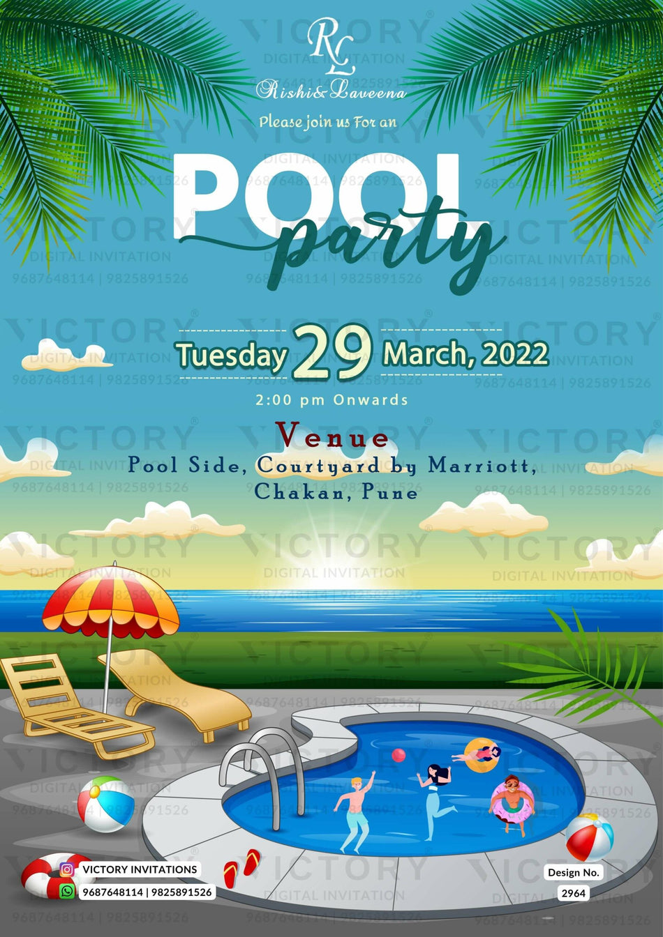 Pool Party invitation card in english language with boho leaves, cloud as beach theme design 2964