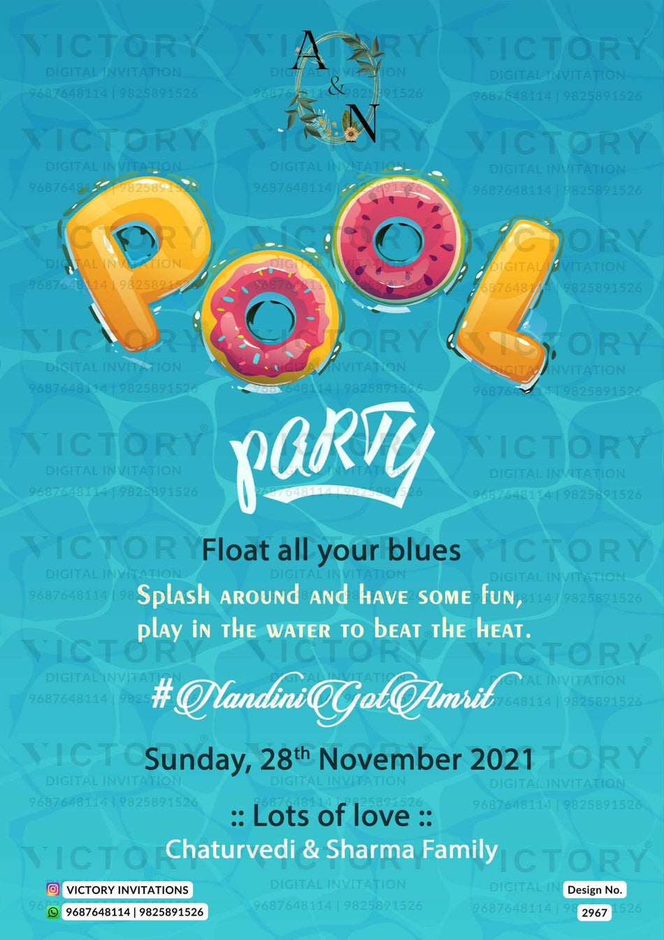 Pool Party invitation card in english language with couple logo, swimming tube as elegant theme design 2967