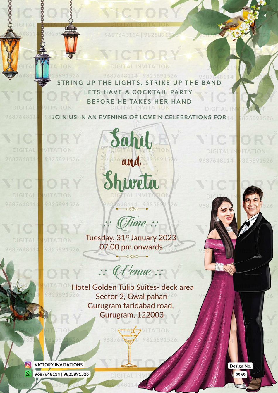 Romantic couple caricature invitation card for Cocktail Party in English language with birds, flowers as minimalistic theme design 2969