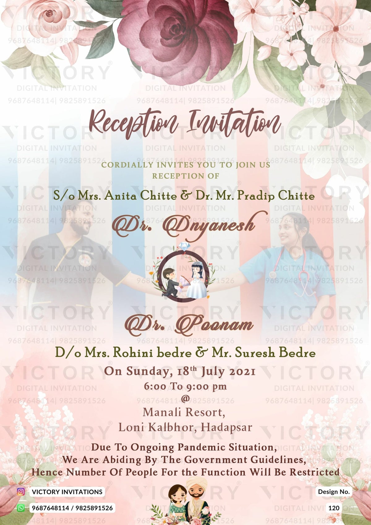 Reception Party invitation card in english language with couple photo, couple doodle as floral theme design 120
