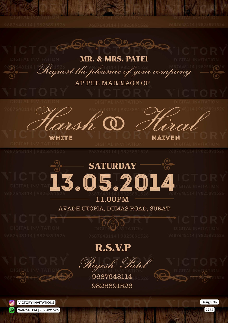 Wedding ceremony invitation card of hindu gujarati patel family in english language with wooden theme design 2972