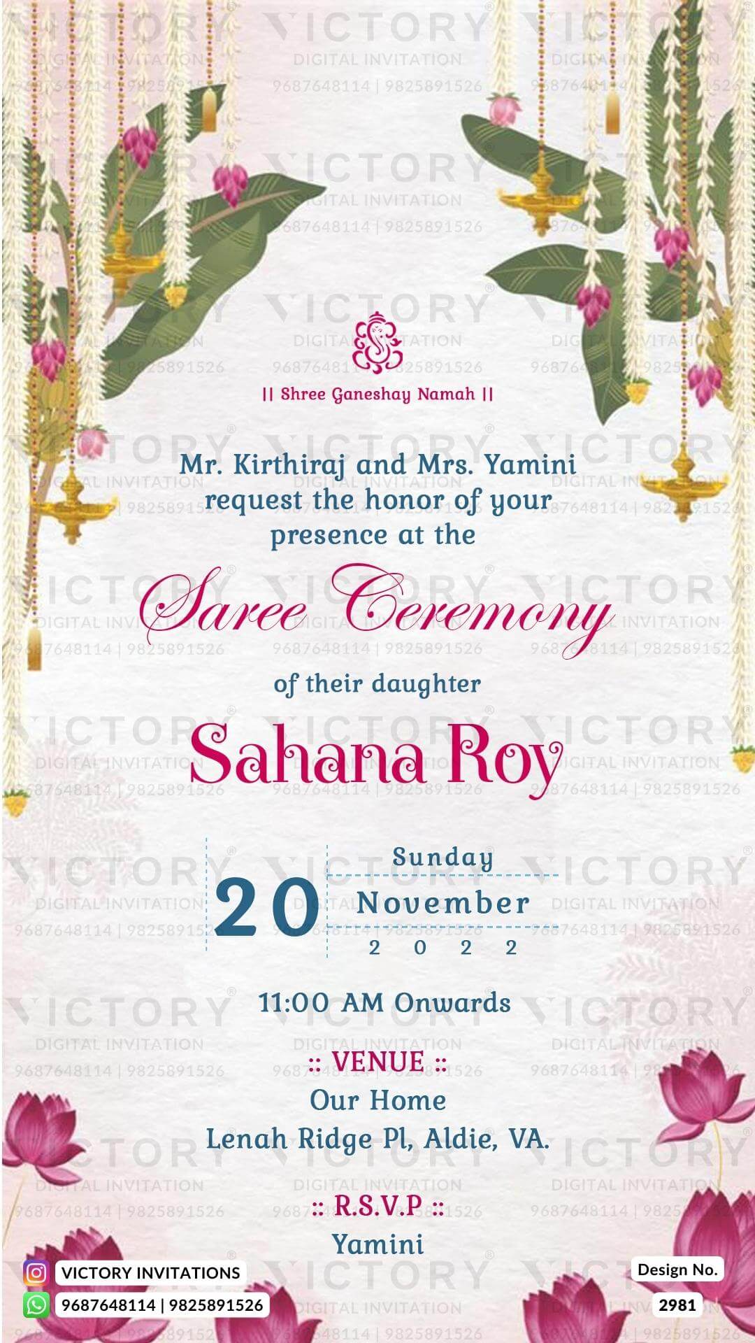 Half Saree ceremony invitation card in english language with traditional theme design 2981